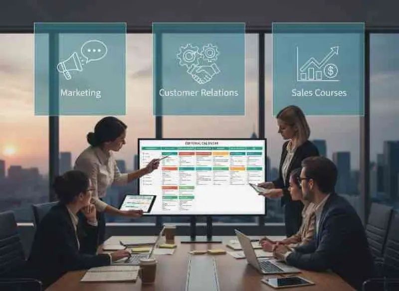 Arbetsgrupp planerar innehåll framför en skärm med publiceringskalender